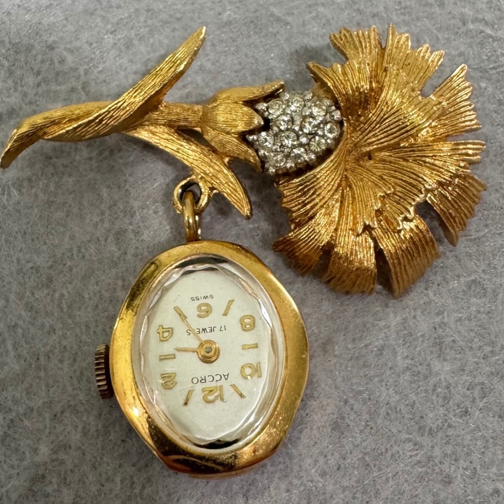 Accro Brooch Watch Women Gold Tone Floral Rhinestone 17 Jewels Swiss Working